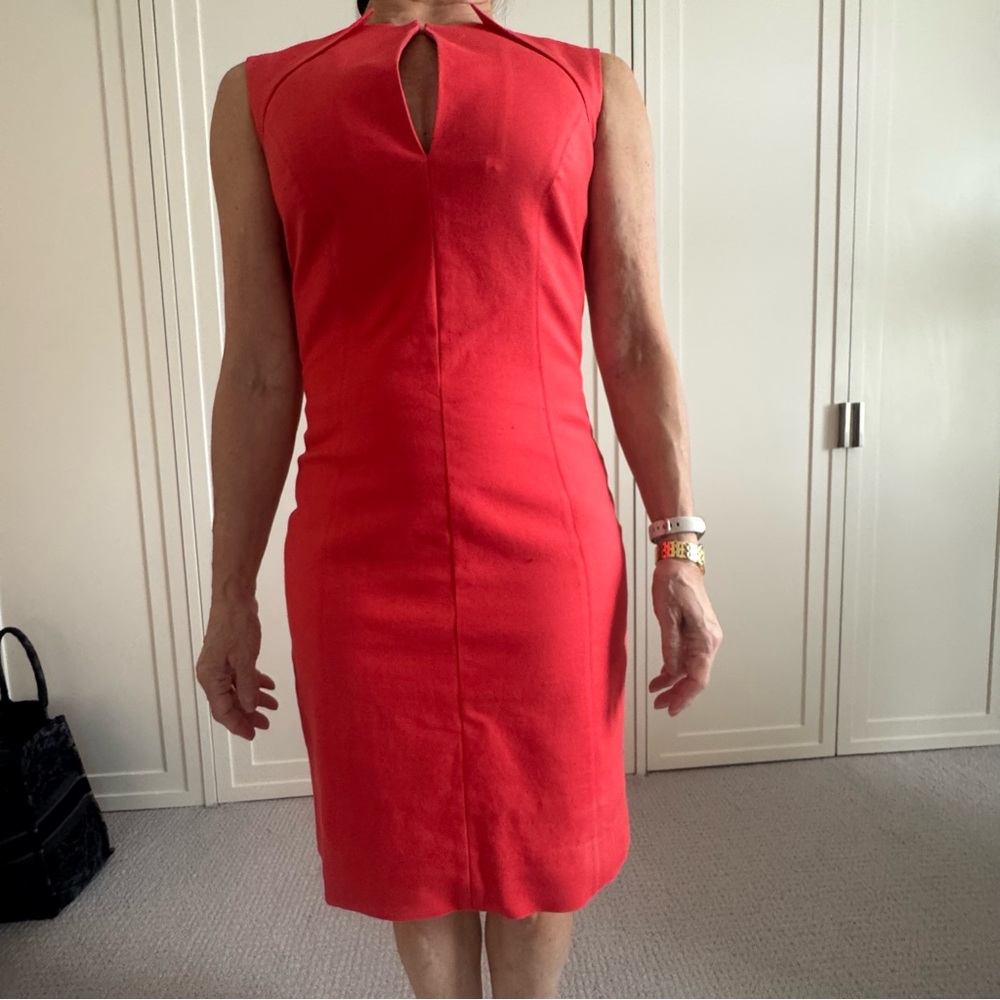 Vivienne tam red sheath cotton midi dress with slit neckline size 2